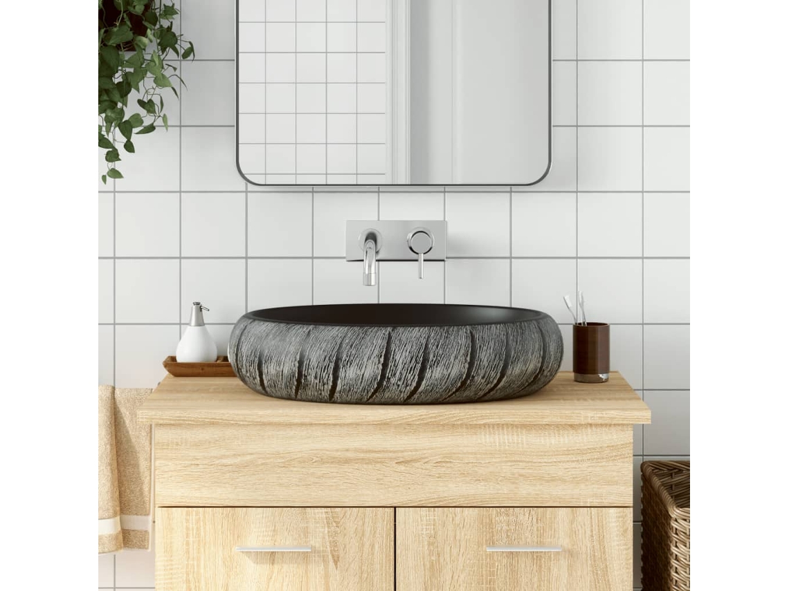 Vidaxl Lavatório De Bancada Oval 59x40x15 Cm Cerâmica Preto E Cinza
