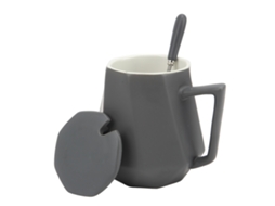 Caneca Cerâmica Geométrica com Tampa 450ml Cinza