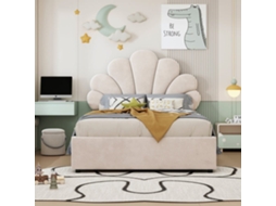 Cama Estofada Em Veludo Com Arrumação - 90x200cm - Cabeceira Em Forma De Flor - Com Estrado De Ripas - Bege