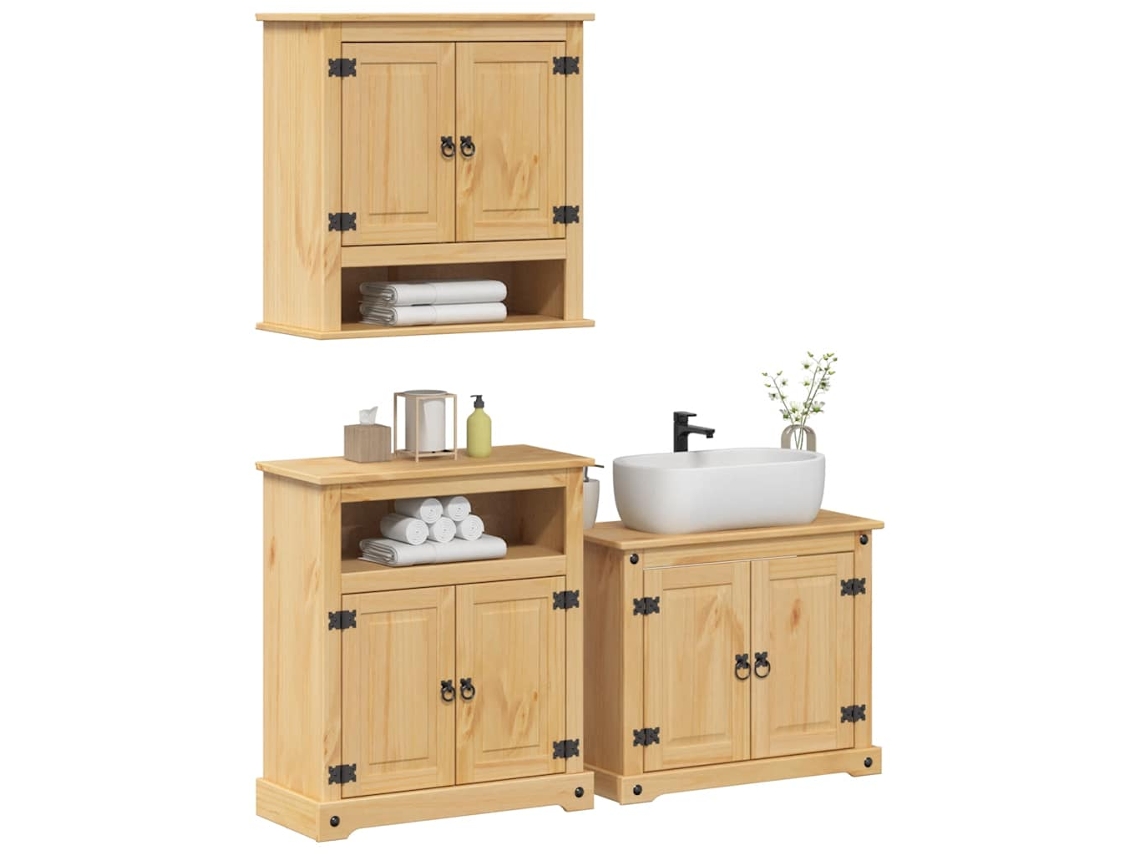 Vidaxl 3 Pcs Conj. De Móveis P/ Casa De Banho Corona Pinho Maciço