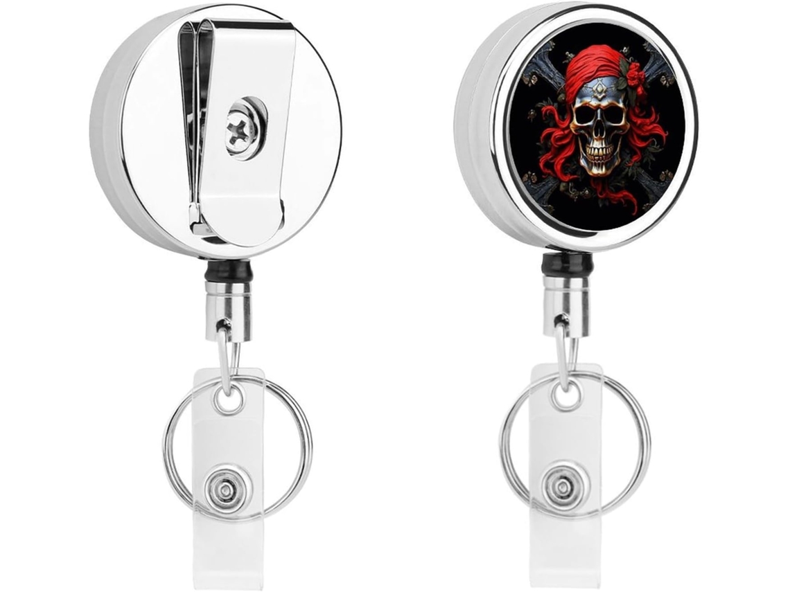 Porta Crachá Retrátil Com Caveira De Pirata, Clipe Cinto E Chaveiro De Metal, Porta Cartão De Identificação Durável