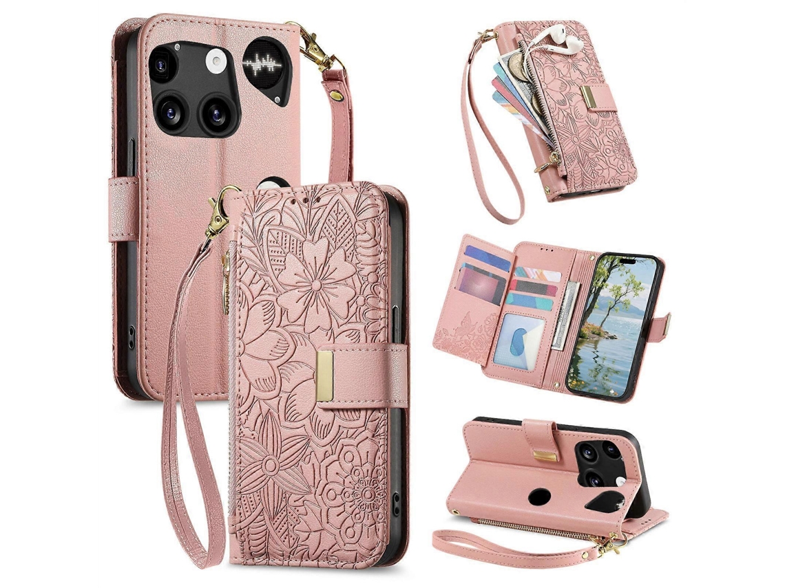 Capa Carteira De Couro Com Zíper, Estampa De Flores E Folhas, Para Celular Nothing Phone 3.