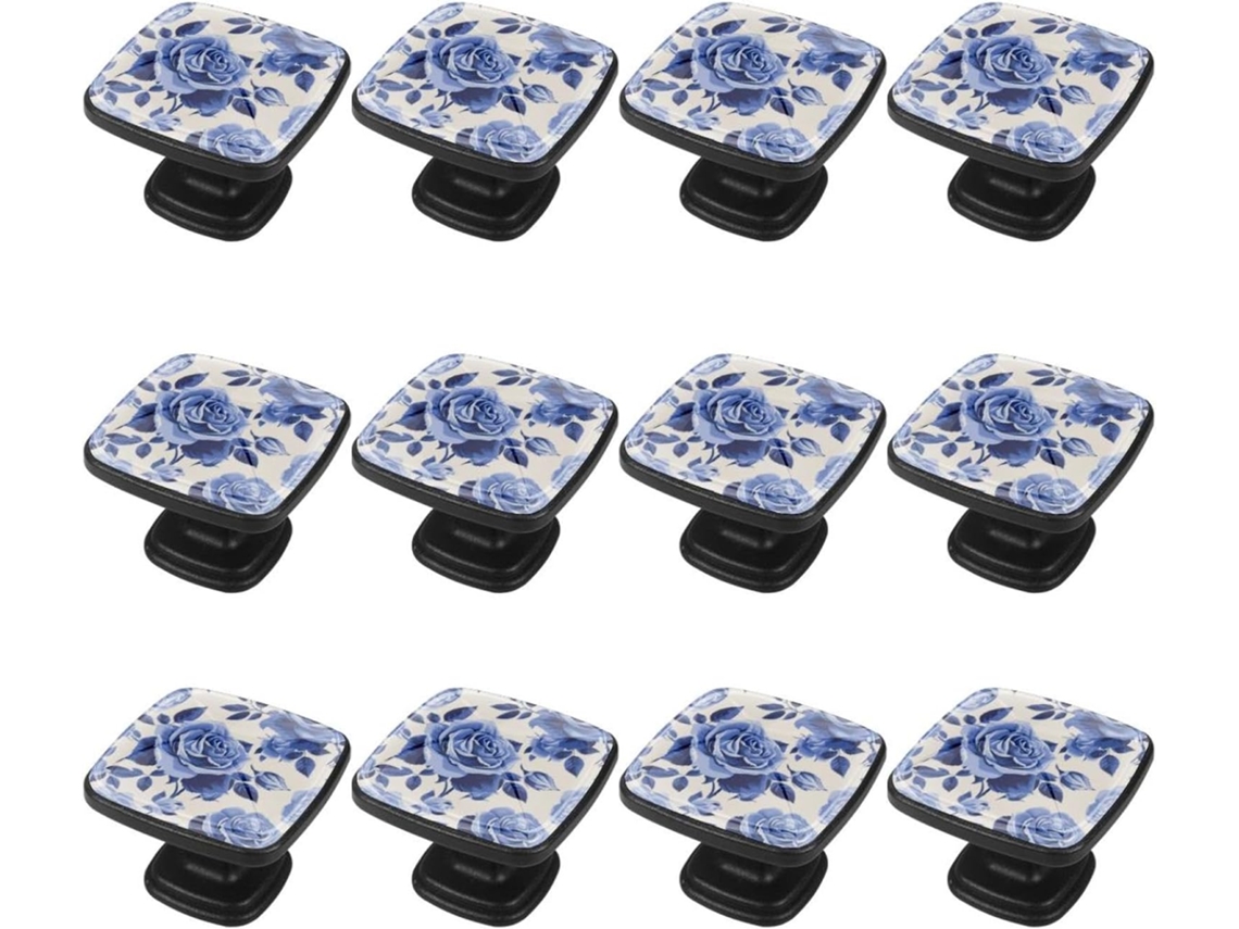Puxadores Quadrados Para Armários De Cozinha, Puxadores Para Gavetas De Cômoda, 12 Peças, Planta Rosa Azul, Puxadores