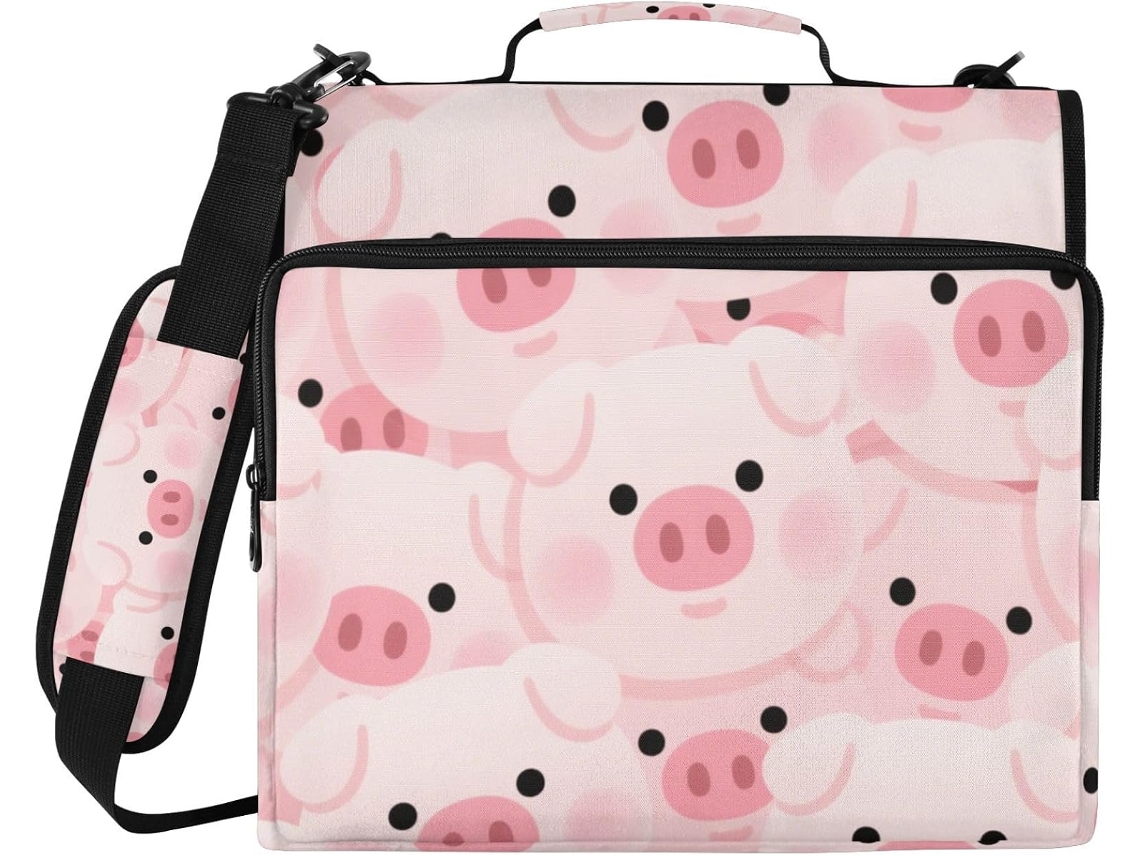 Pasta De Argolas Com Desenho Porquinho Rosa, 3 Argolas, 3, 8cm, Com Bolsos Extras, Alça De Ombro E Mão, Bolsa