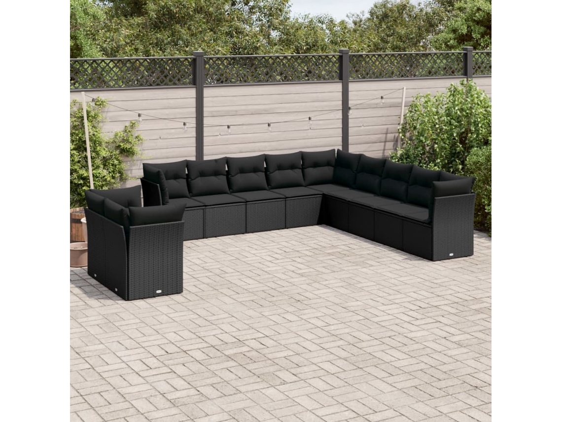 11 Pcs Conjunto Sofás De Jardim C/ Almofadões Vime Pe Preto Dkd Home Decor