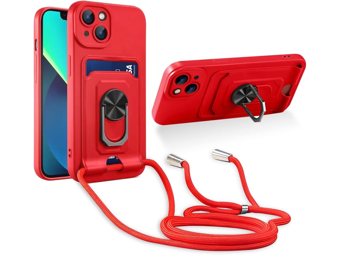 Capa com Cordão Kickstand Slots Giratórios para iPhone 13 Mini HONGWE. Anti-Choque com Porta-Cartões Vermelho