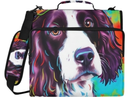 Organizador macio e colorido com estampa de cachorrinho, fecho com zíper, compartimento para laptop e tecido impermeável.