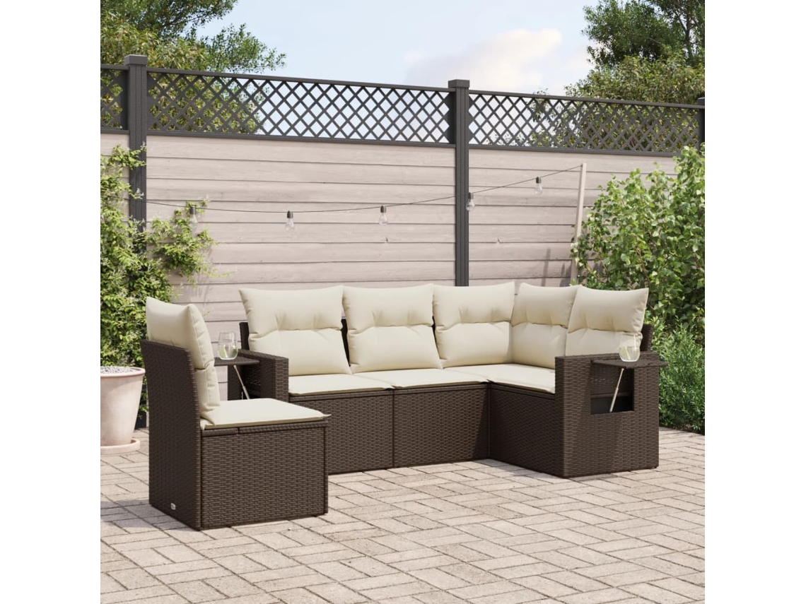 Jogo 5 Peças Sofás P/ Jardim C/ Almofadões Vime Pe Marrom Dkd Home Decor