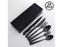 Conjunto De Talheres De Aço Inoxidável Martelado Com Cabo Quadrado (24 Peças - Preto), Resistente.