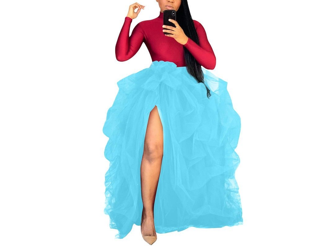 Saia Longa de Tul para Mulheres Cintura Alta Voluminosa Festa Casamento Tamanhos XL a Xxxxxl XL Azul