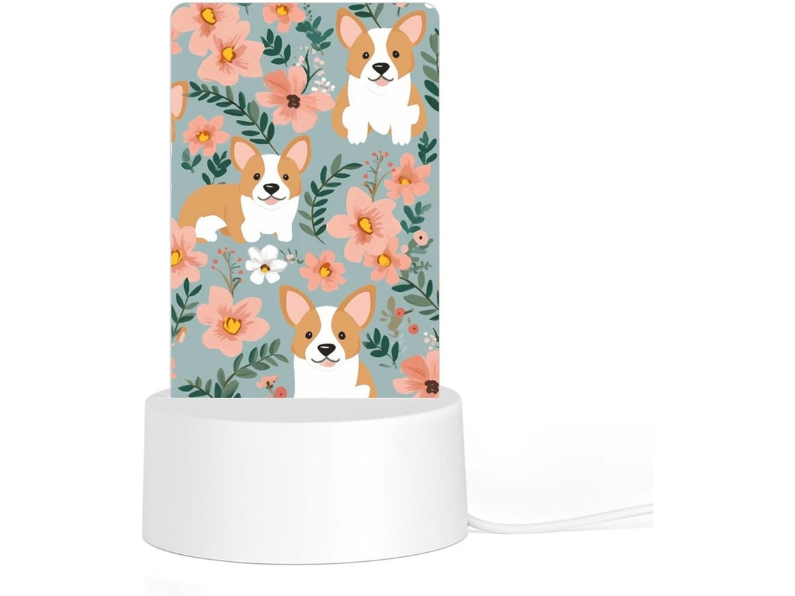 Luminária Noturna De Acrílico Com Base, Estampa Floral De Corgi, Luminária De Mesa Computador, Ideal Quarto