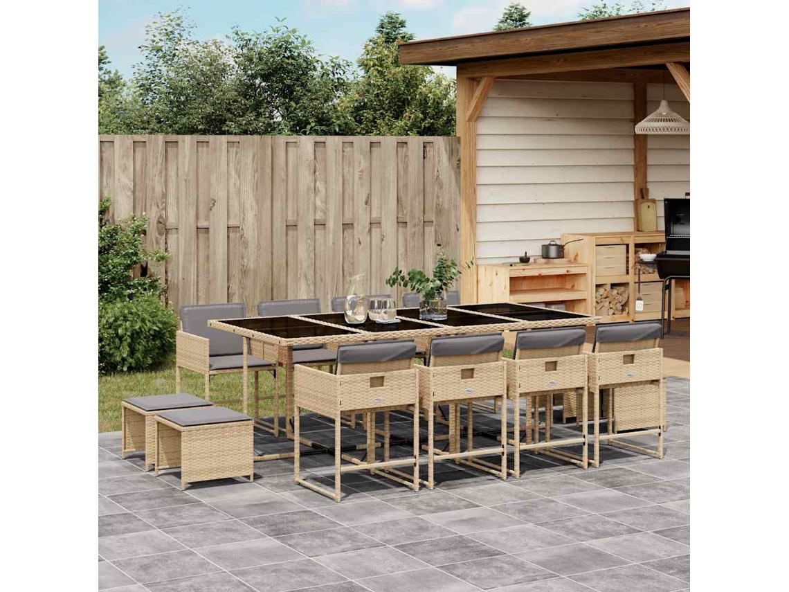Vidaxl 13 Pcs Conj. Jantar Jardim C/ Almofadões Vime Pe Bege Misturado