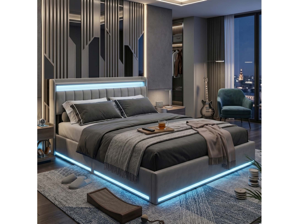 Cama Casal Veludo com Cabeceira Armazenamento Led RGB Carregador Usb Hidráulica Cinza 140x190 cm LAZYSPACE