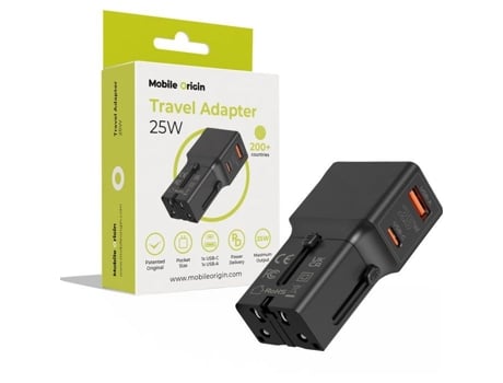 Adaptador de viagem Mobile Origin 25 W para UE/EUA/Reino Unido/AU, preto