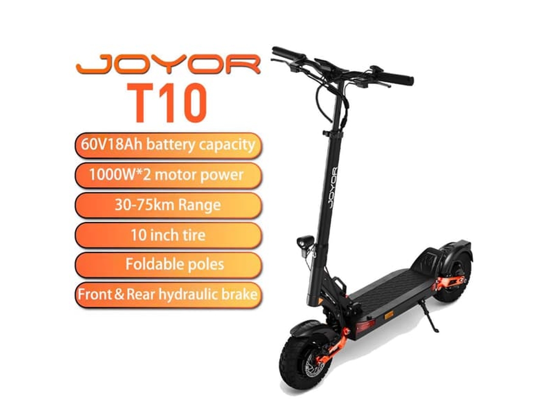 Trotinete Elétrica Dobrável Joyor T10, Motor Duplo De 1000w 60v 18ah, Autonomia De 30-75km, Pneus Off-road De 10", Suspensão Hidráulica