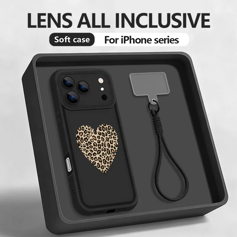 Capa Para Iphone 12 Pro Max Com Estampa De Leopardo E Corações (preta) E Alça De Pulso.