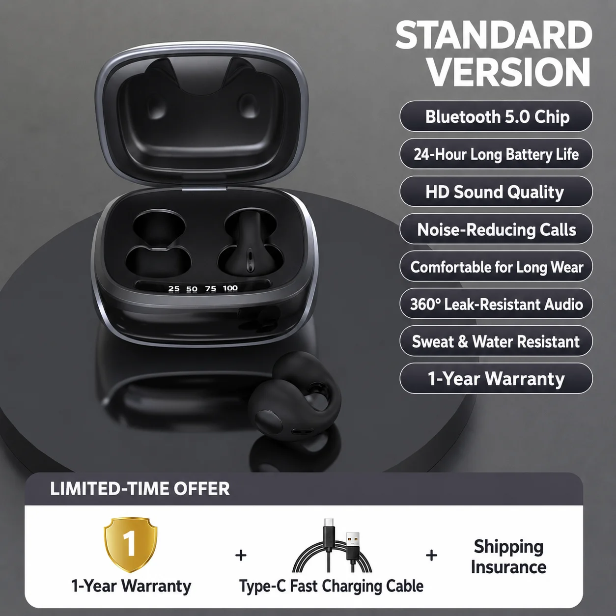 (preto) Fones De Ouvido Bluetooth Com Clipe E Condução Aérea, Bluetooth 5.3, Bateria De Longa Duração.