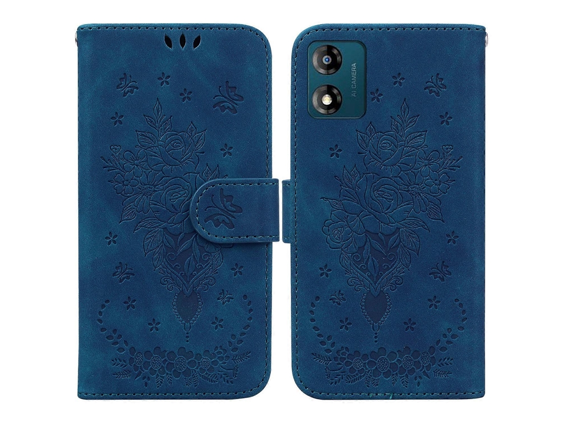 Capa De Couro Com Estampa De Borboleta E Rosa Para Motorola Moto E13