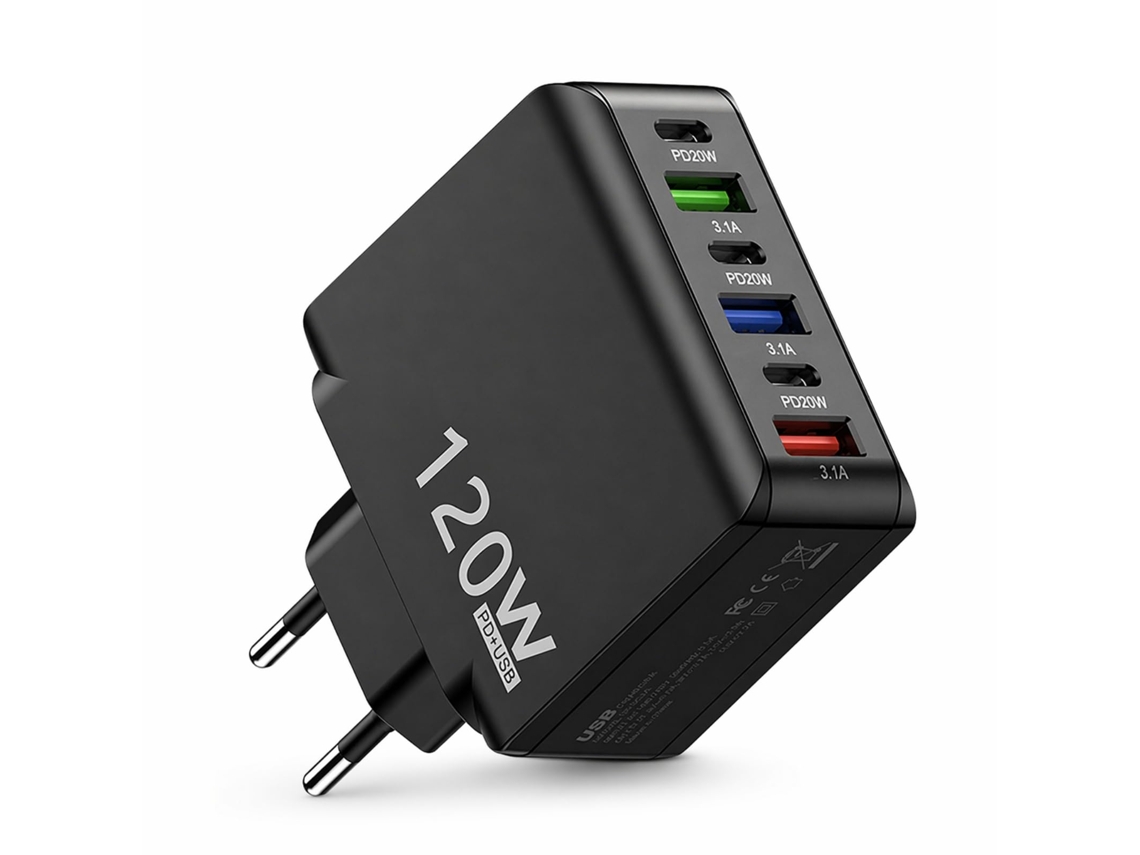 Carregador de 120W, 6 portas, compatível com smartphones, tablets, portáteis MDUG