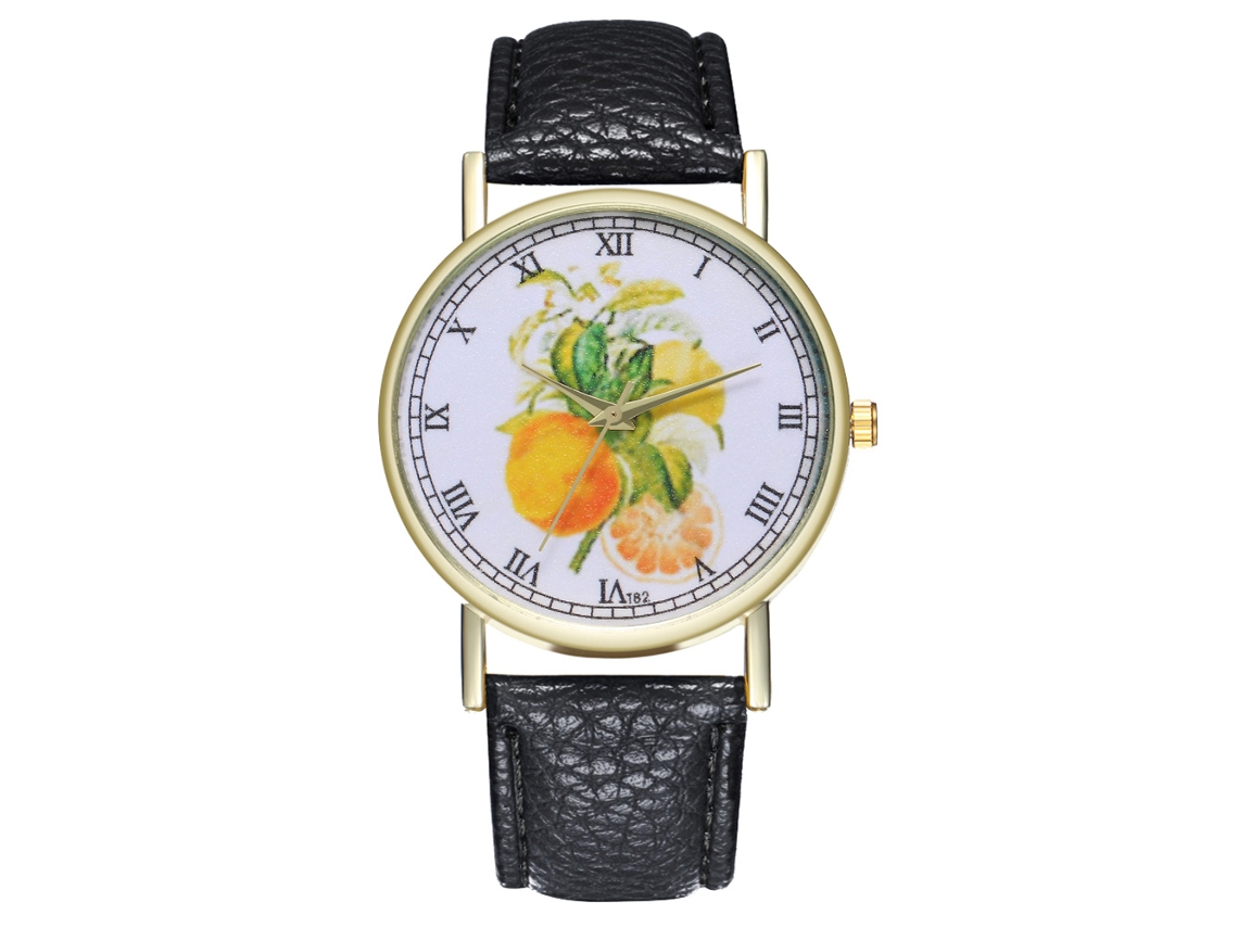 Relógio de pulso de quartzo moderno com pulseira de couro e estampa de frutas, unissex.