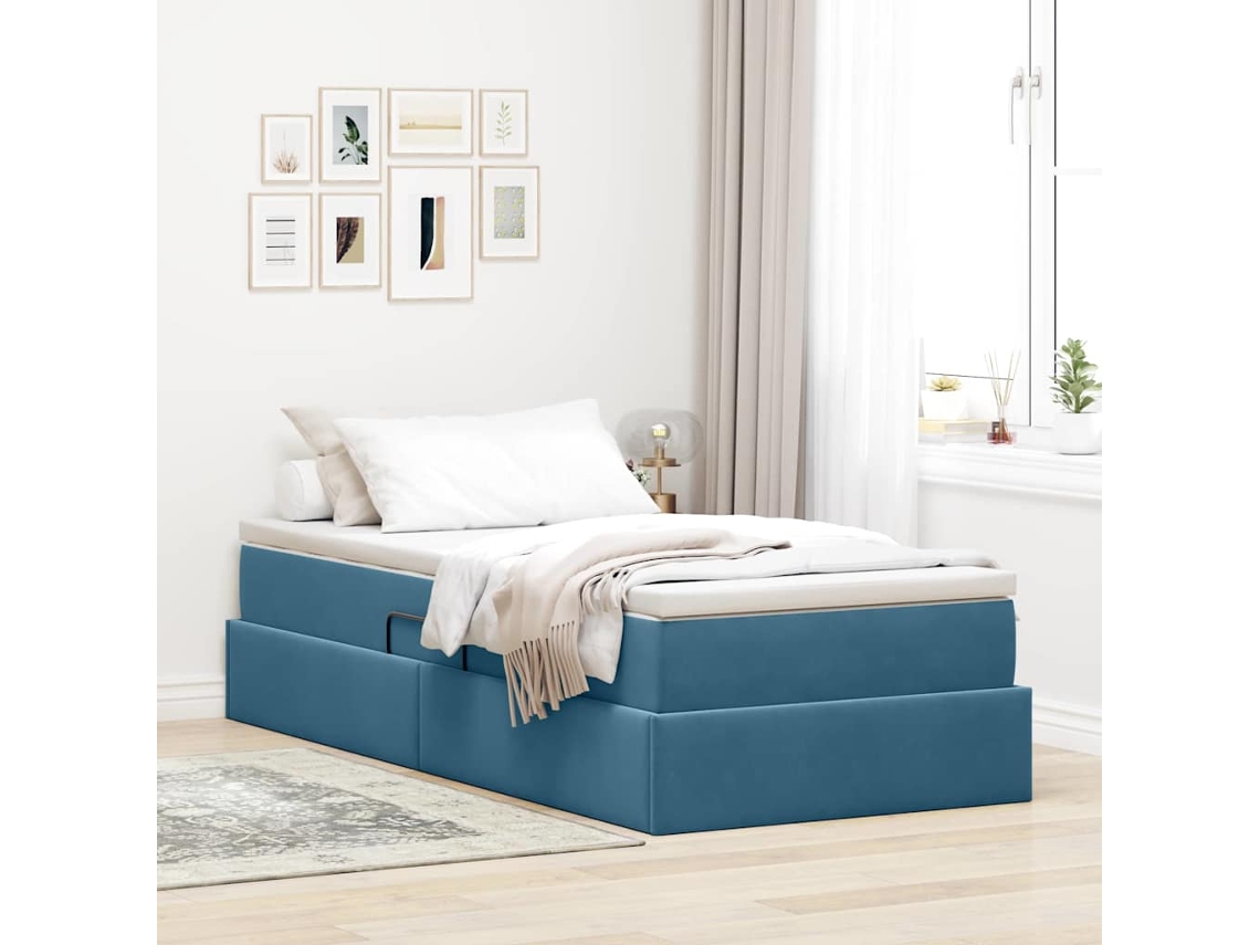 Vidaxl Cama Com Arrumação E Colchão Azul Escuro 90 X 200 Cm Veludo
