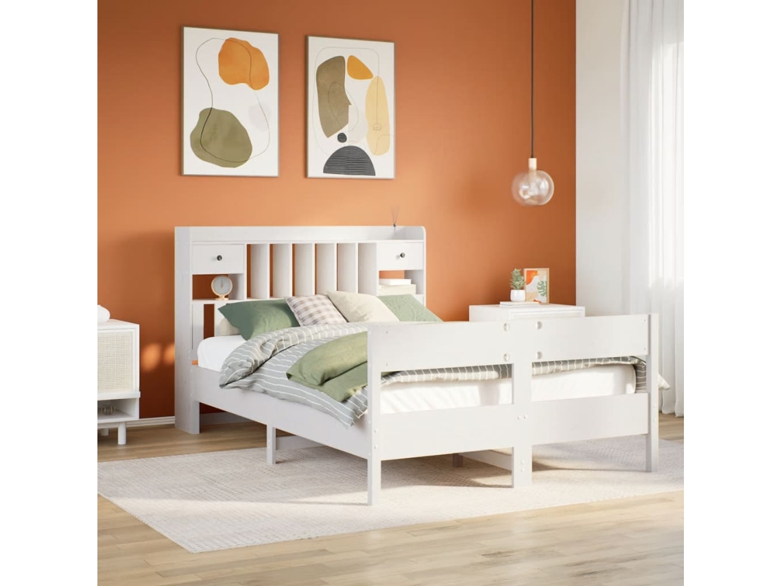 Vidaxl Cama Com Estante Sem Colchão 160x200 Cm Pinho Maciço Branco
