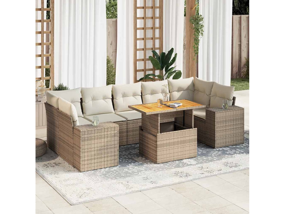 Vidaxl 8 Pcs Conjunto De Sofás P/ Jardim Com Almofadões Vime Pe Bege