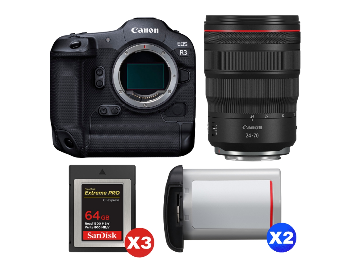 Eos R3 + Rf 24 70mm F/2.8 L Is Usm + 3 Sandisk 64gb Extreme Pro Cfexpress Type B + 2 Canon Lp e19 + Ebook “20 Dicas para Fotos Que Impressionam” CANON