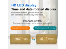 Despertador digital de madeira Baok-reloj com carregamento sem fio, 3 alarmes, visor LED e controle de som para quarto, escritório e presente.