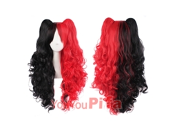 Peruca De Cosplay Preto E Vermelho Com Rabos De Cavalo Duplos, Ondulada, Ideal Para Festas, Eventos De Anime E Fantasia