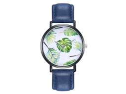 Relógio de pulso unissex Zhoulianfa com mecanismo de quartzo, pulseira de couro PU, design moderno de folha, azul.