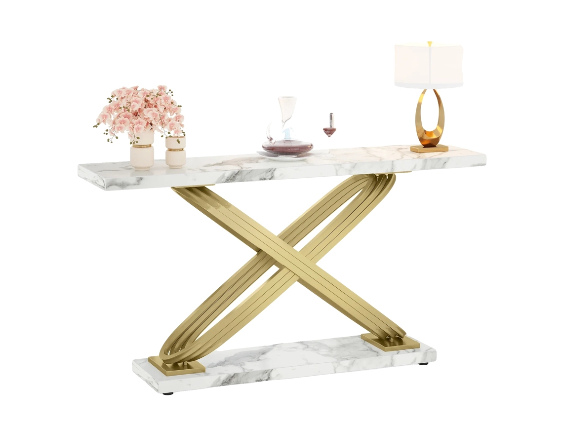 Mesa De Console, Topo De Mármore Falso, Estrutura Metálica Robusta, Ouro