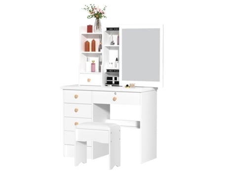 Toucadores Para Quarto - Biplut - Grande Espelho - 6 Gavetas - Moderna - Banquinho Confortável 80 X 40 X 135 Cm (l X L X H) Branco