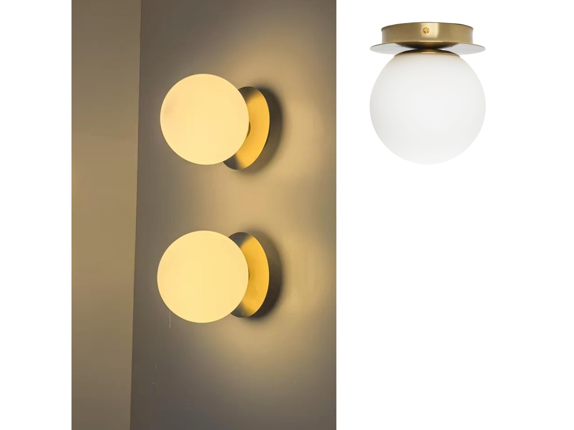 Aplique De Parede "aria" – Estilo Moderno Com Disco De Metal Dourado E Esfera De Vidro Branco Opalino, E27