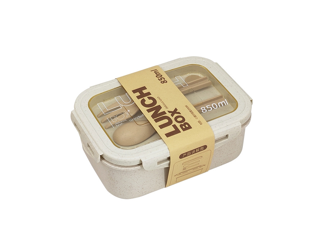 Lancheira Bento para Adultos e Crianças Lancheira 850Ml Conjunto de Talheres Embutidos para Micro-Ondas-Bege