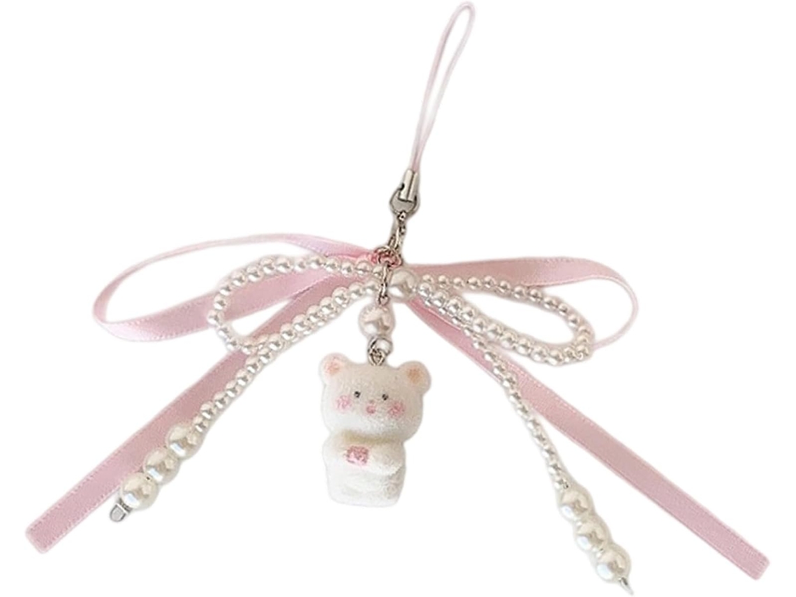 Chaveiro De Urso Com Laço E Pérolas Artificiais, Design Aveludado, Pingente