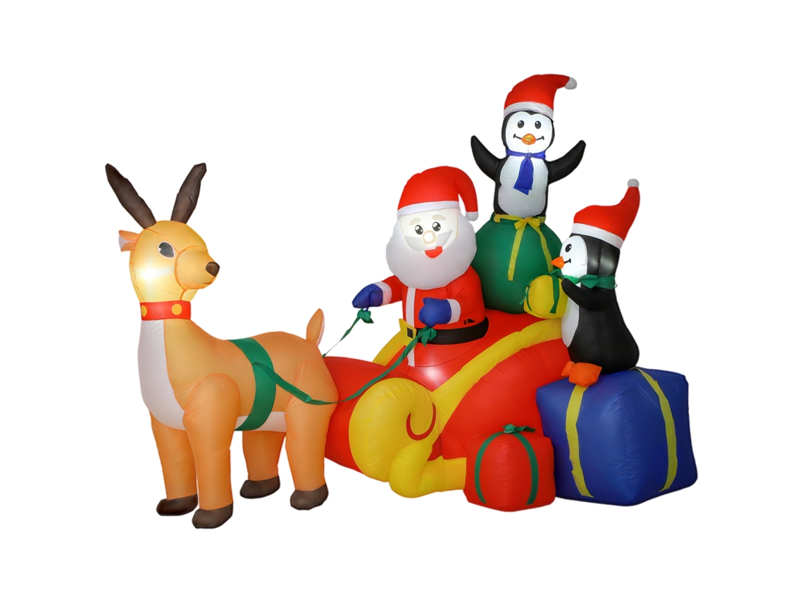 Pai Natal Insuflável Com Trenó Pinguins E Renas De Com Luzes Led Decoração De 180x120x155 Cm Multicor