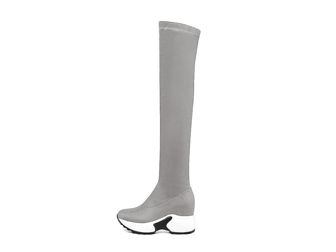 2026 botas de Mulher de Tela Elástica com Ponta Redonda, Altas Até o Joelho, com Salto em Cunha de 9 Cm