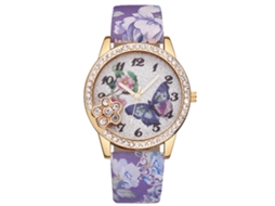 Relógio Feminino Vansvar Floral Print Pulseira Pu Quartzo Roxo