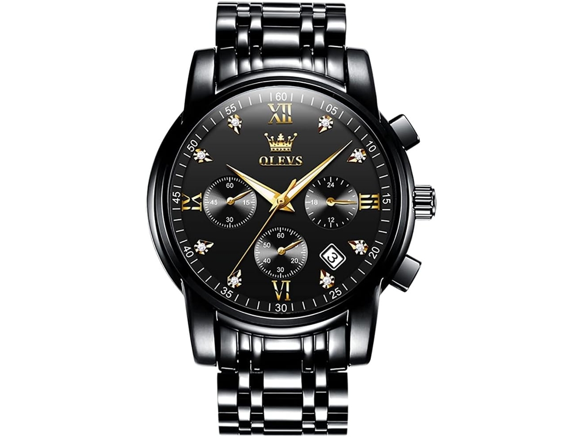 Lurelia Relógio Cronógrafo Masculino, Movimento De Quartzo, Data/calendário, Luminoso, Detalhes Com Strass, 41 Mm, Aço Inoxidável, Preto