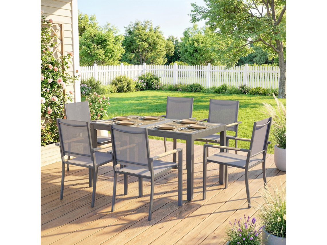 Mesa Retangular Para Área Externa 140x80x72cm Com 6 Cadeiras Empilháveis Em Textilene, Conjunto De Jardim 7 Peças Na Cor Cinza Com Visual De Madeira