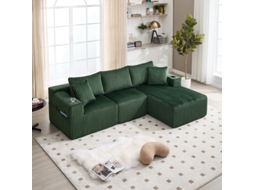 Sofá modular de 2 lugares + chaise, estofado em veludo, 5 almofadas, bolsas laterais e porta-copos, espuma de alta densidade, montagem personalizável.