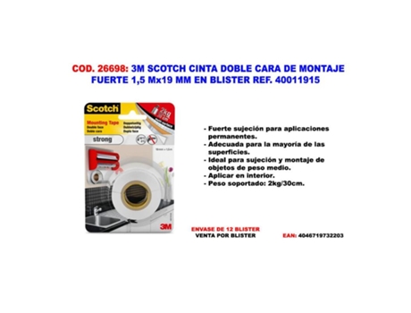 3m scotch cinta doble cara de montaje fuerte 1.5mx19mm 40011915