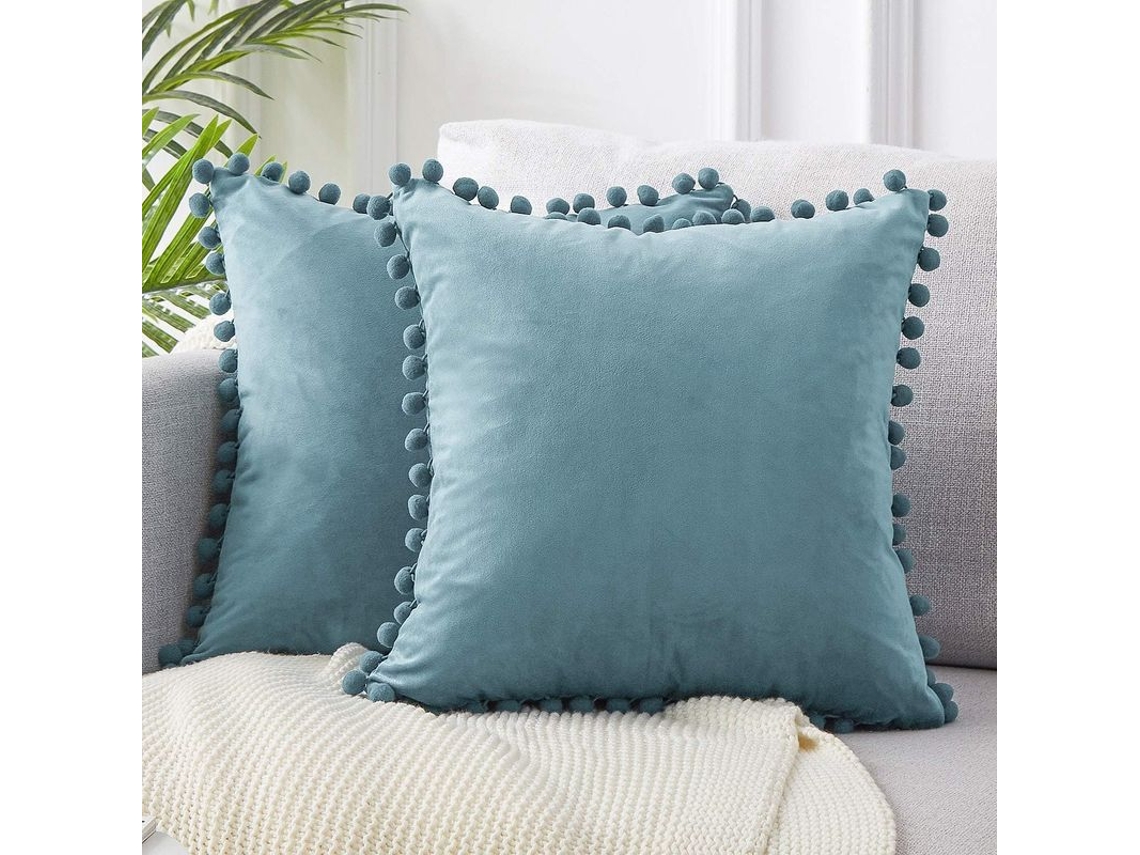 Fundas De Almofadas Decorativas De Terciopelo Suave Com Pompons 18x18 Polegadas Pacote De 2 Azul Claro