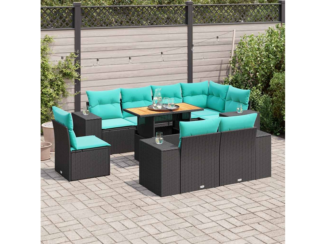 Vidaxl 9 Pcs Conjunto De Sofás P/ Jardim C/ Almofadões Vime Pe Preto