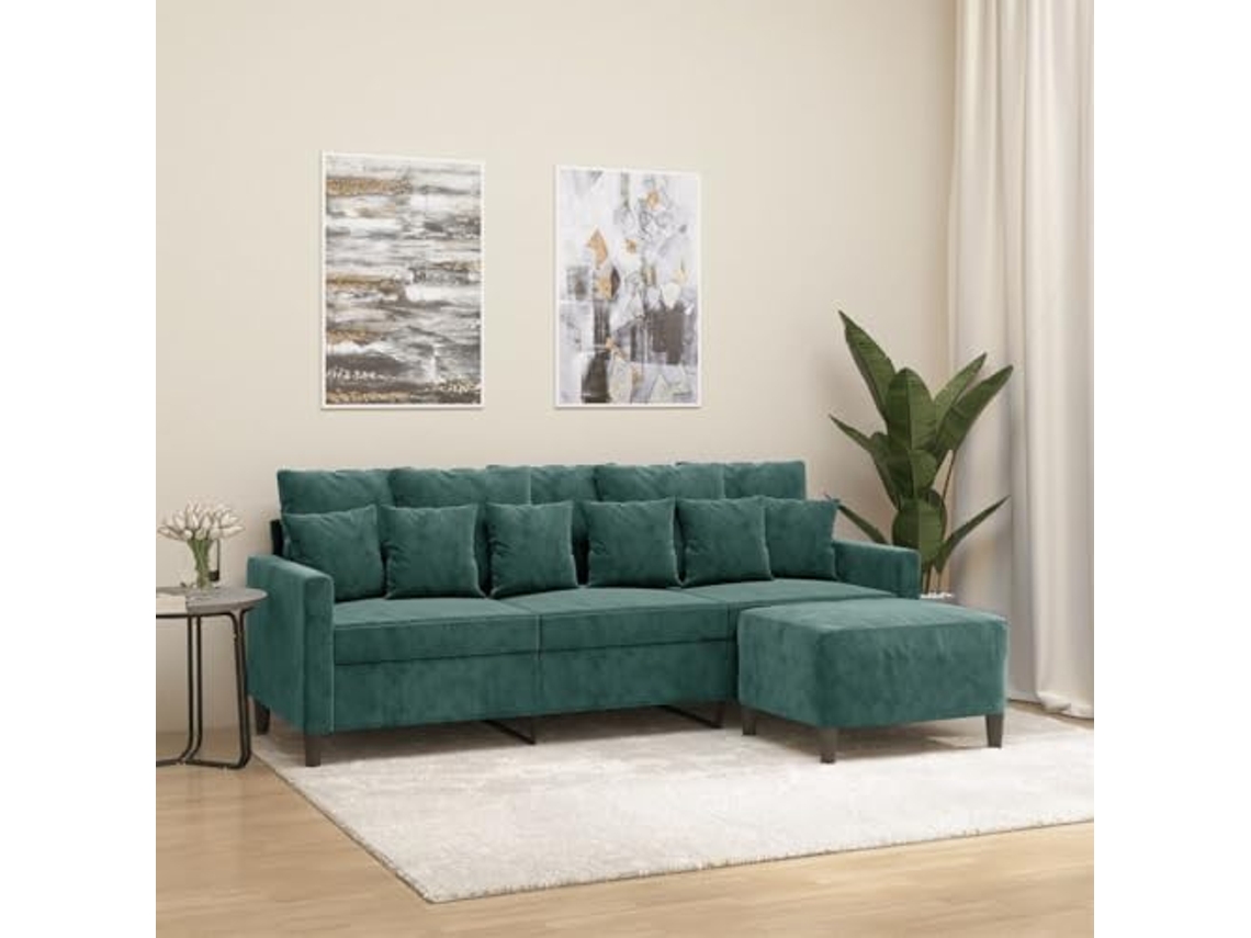 Sofá de 3 lugares com apoio de pés VIDAXL Verde Veludo (198 x 77 x 80 cm)