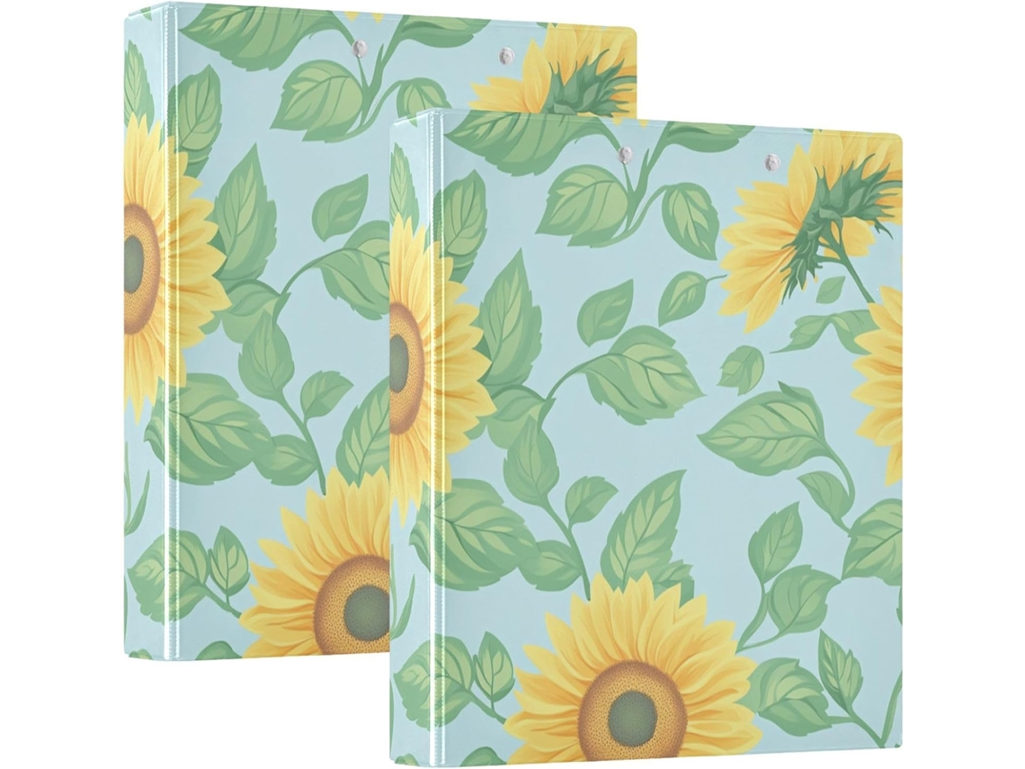 Pasta De Três Argolas 1, 5 Polegadas Com Bolsos, Estampa De Folhas Verde Pastel Em Estilo Girassol Fresco, Pacote Com 1 2