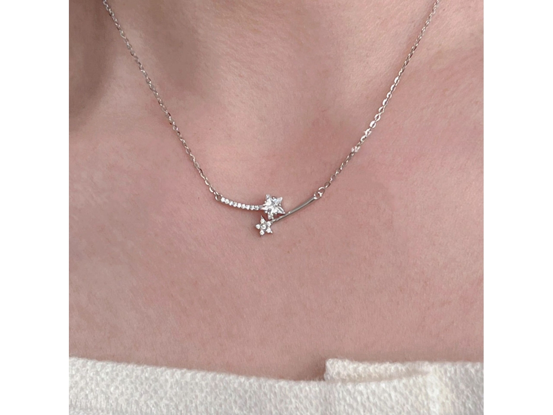 Colar com Pingente de Estrela Gemini em Prata de Lei S925 Banhada a Ouro Branco e Cristais Estilo Coreano Delicado e Elegante MDUG
