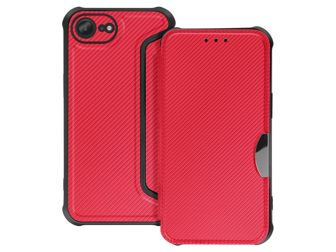 Avizar Capa Folio Para Iphone 16e Acabamento Carbono Com Porta-cartões Vermelho