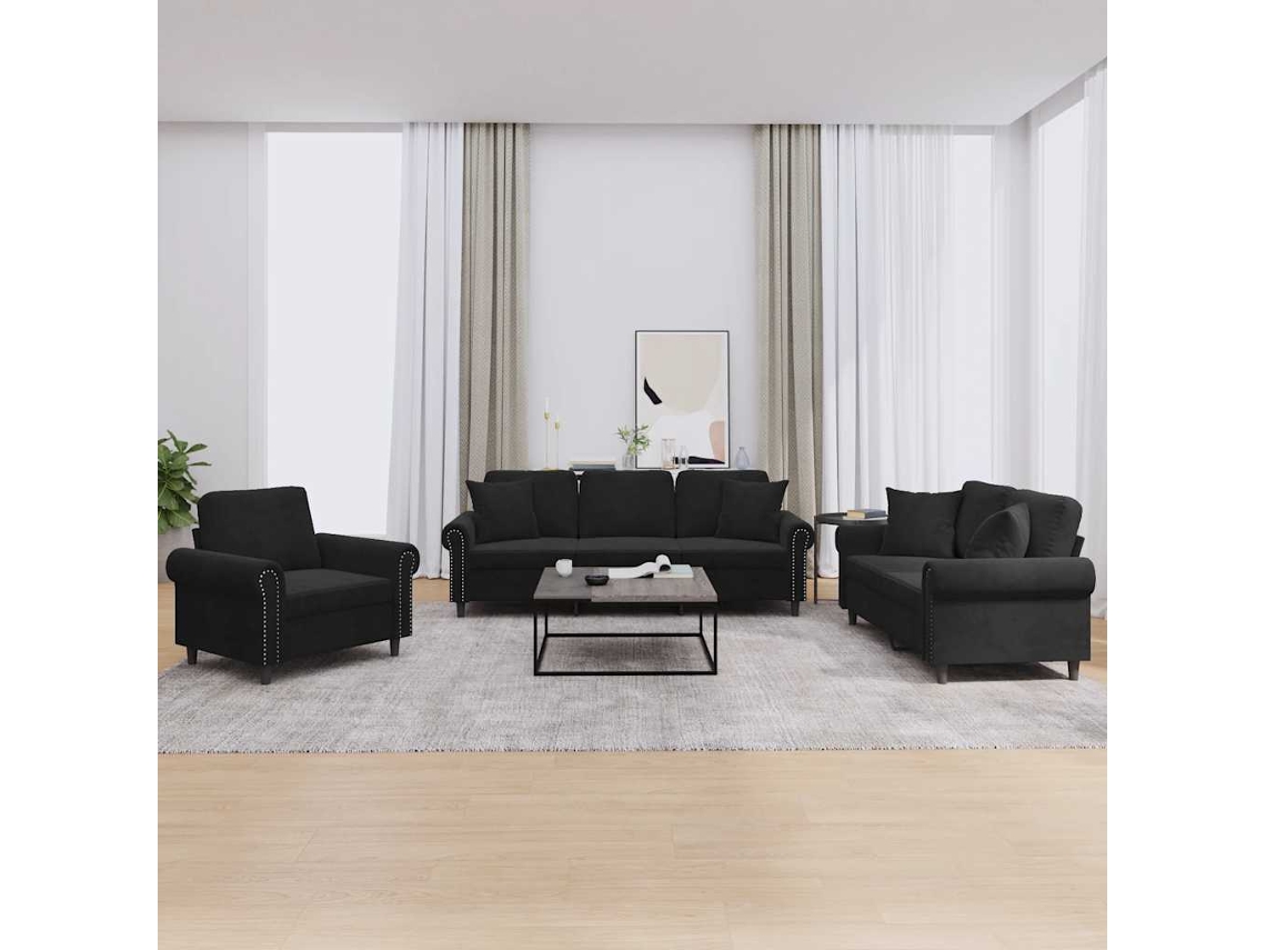 Vidaxl 3 Pcs Conjunto De Sofás Com Almofadas Veludo Preto